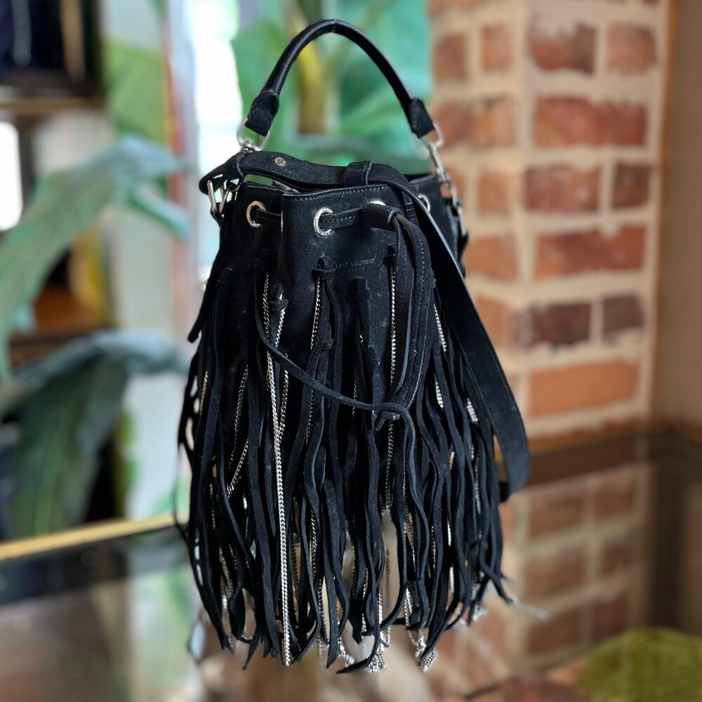 SAINT LAURENT Emmanuelle Large Fringe Black Suede Bucket Bag